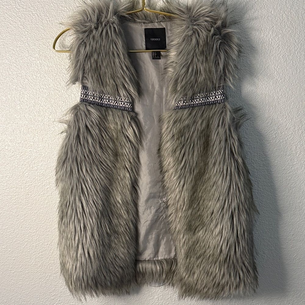 Silver/Grey Faux Fur lined Vest with Aztec detail- Size Small